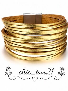 Gold Multi-Strand Leather Wrap Bracelet by